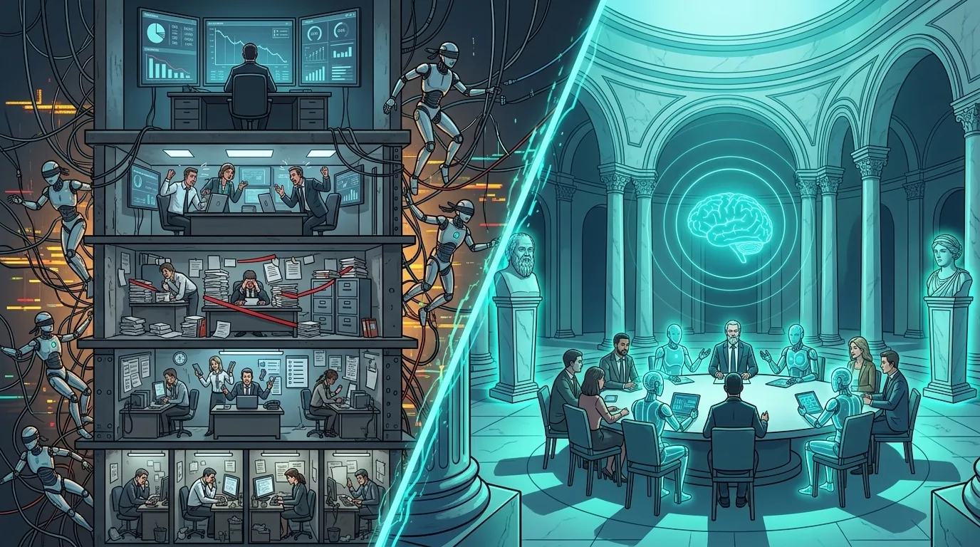 Illustration: a chaotic office tower of cold outreach on the left, a calm forum where people and AI agents meet at one table on the right